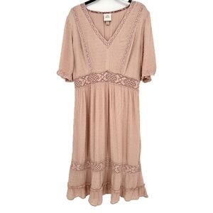 Knox Rose Dusty Pink Lace Ruffle Cottage Core Swiss Dot Midi Dress Size Large